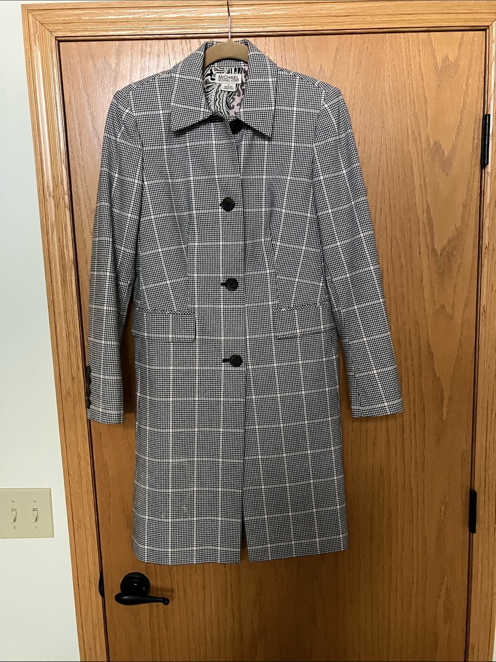 Michael Kors Black and White Plaid Trench Coat